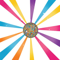 Disco ball with colorful rays isolated on white background, party celebration