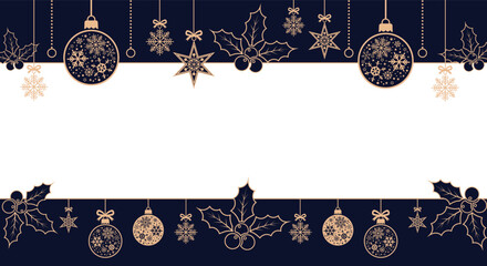 Elegant navy blue Christmas border background with white center space, gold hanging ornaments, snowflakes, stars and holly leaves; festive holiday template for greeting cards, invitations and seasonal