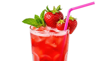 Refreshing strawberry drink with ice and pink straw isolated on transparent background