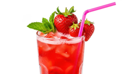 Refreshing strawberry drink with ice and pink straw isolated on transparent background