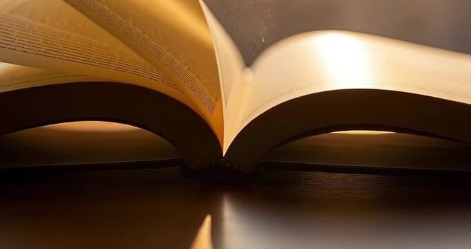 Open book pages close up with golden light and soft focus