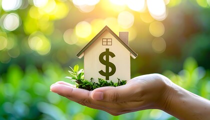 Hand holds a tiny house with a dollar sign, set against a bright, blurred green foliage background