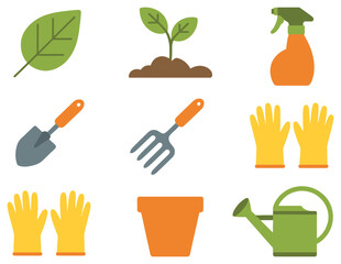 Flat Gardening Tools and Plants in Green Yellow and Orange Colors leaf