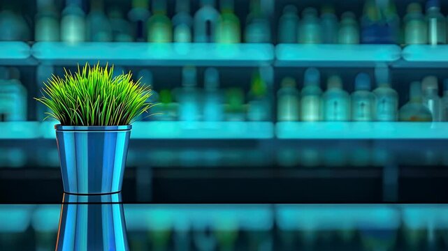 A vibrant green plant sits in a shiny pot, perfectly mirrored on a smooth surface while colorful bottles provide an energetic backdrop
