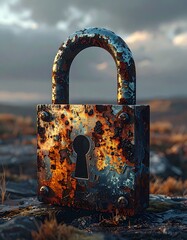 Heavily rusted padlock with ornate keyhole set in outdoor field with weathered stones and cloudy sky backdrop