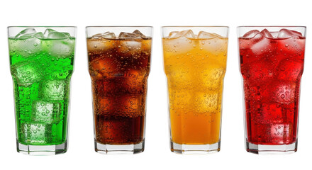 Four glasses of colorful soda with ice cubes isolated on transparent background