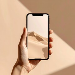 Hand holds black smartphone with beige desert scene on the screen, against a light peach background with diagonal shadow