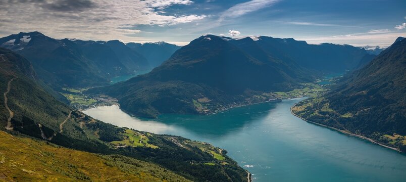 view of the Nordfjorden and the villages of Olden and Loen in Vestland County of Norway