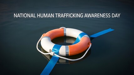 Orange and white life preserver with blue ribbon on water for National Human Trafficking