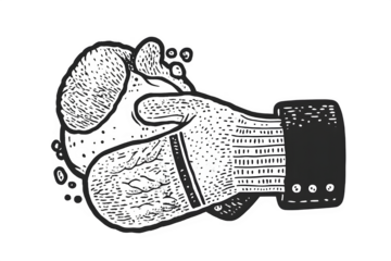 Engraved drawing style illustration of a punch or boxing glove impacting with a splash effect.