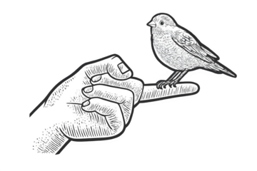 Black and white stylized illustration of a small bird perched calmly on a pointing human finger against a solid black background.