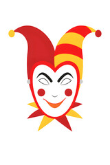 Fototapeta premium Colorful jester or harlequin mask illustration with red and yellow bifurcated hat and smiling face, isolated on a solid black background. Ideal for carnival or party designs.