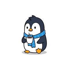 Penguin drinking coffee isolated on white background, wearing a scarf