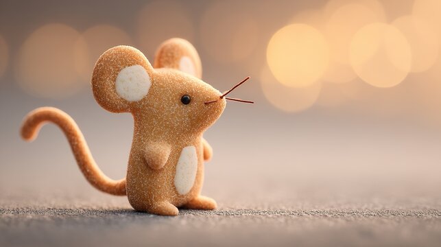 Small sugar-dusted mouse candy figurine standing on a dark surface with warm bokeh lights