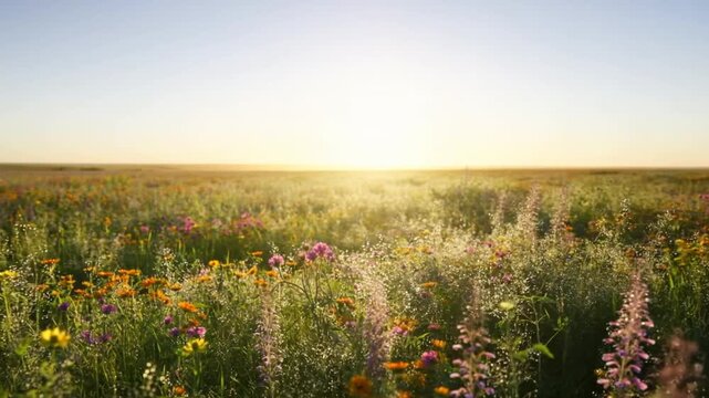A sunlit meadow overflowing with wildflowers and dew, glowing with warmth and movement as a gentle breeze carries a feeling of limitless joy, abundance, and peaceful goodness.