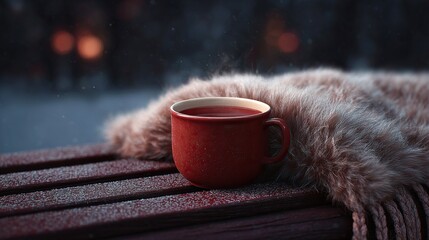 Steaming red mug of hot drink on a frosty wooden bench with a cozy blanket in a winter setting