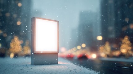 Blank illuminated billboard in a snowy city street at night with blurred festive lights