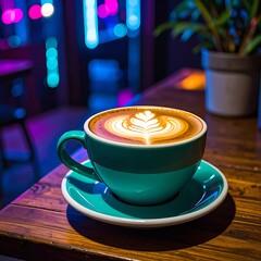 Latte art in a teal cup, wooden table, neon lights blurred in background. Cosy coffee shop atmosphere, plant included