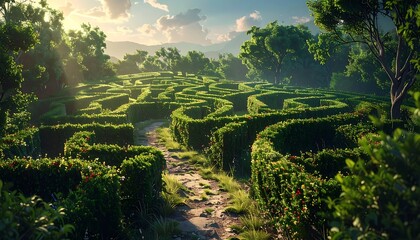 Hedge maze path leading toward distant trees, lit by warm sunlight with light clouds in the sky