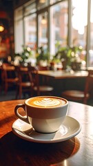 Latte art in bright coffee shop, warm sunlight, tables, chairs, blurred city view out big window