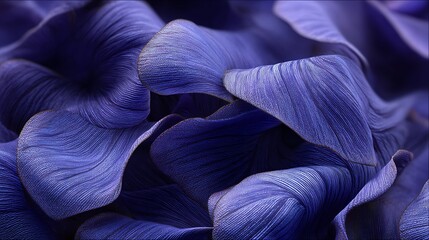 Closeup of vibrant purple flower petals with textured surfaces and curled edges on dark background with soft natural lighting