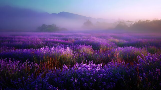 Lavender field in full bloom during sunrise with misty mountains in background under clear blue sky with purple flowers swaying gently - Powered by Adobe
