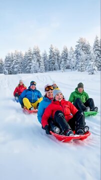Happy group of friends sledding down a snowy hill in a winter forest. Vertical video of men and women laughing while riding toboggans outdoors. Winter holiday fun
