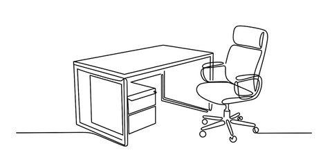 A minimalist single continuous line drawing of an office workspace with a desk and ergonomic chair Vector, illustration