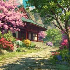 A vibrant, detailed illustration of an Asian temple surrounded by blossoming trees and nature