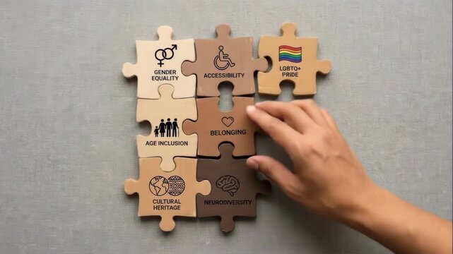 Hand placing a belonging puzzle piece to complete a diversity and inclusion concept. Jigsaw with icons for gender equality, accessibility, and neurodiversity. Teamwork and community building metaphor