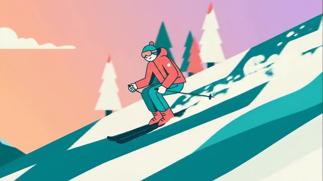 An animation of a person skiing down a snowy mountain. 2D motion graphics of a winter sports adventure. Outdoor recreation and active lifestyle concept
