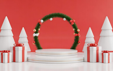 Background podium 3D gift product sale christmas stage winter display new year banner box. Holiday xmas white red stand render scene decoration platform minimal studio happy present