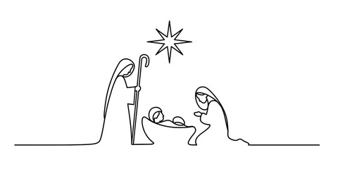 A continuous line drawing depicting the nativity scene with the holy family Vector, illustration
