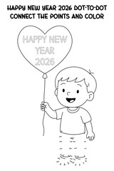 Happy new year 2026 dot-to-dot coloring page featuring a cheerful boy with a heart balloon