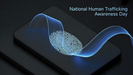 A smartphone displaying a glowing fingerprint with blue waves on a dark background for National