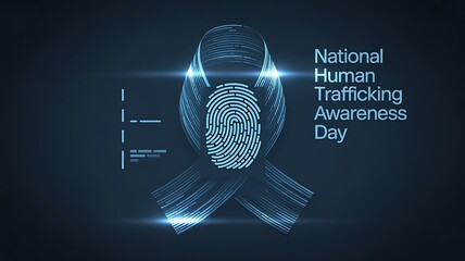 Digital fingerprint scan glowing in blue with awareness ribbon for human trafficking awareness day