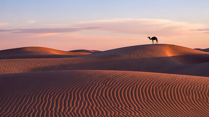 The beautiful arid landscape of the Moroccan Sahara desert features a silhouette of dunes against the dramatic evening sky