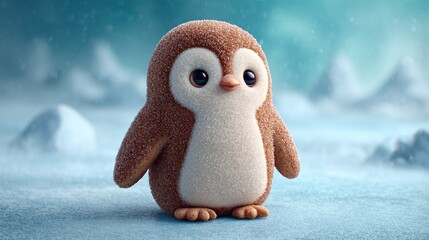 Adorable sugary textured baby penguin stands in a snowy arctic landscape with falling snowflakes