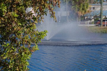 Dynamic Water Fountain Splash Over Lake Surface Creating Mist and Reflections in Gulfport, FL. Large fountain sprays water high into the air, scattering droplets across a calm lake. Trees line the sho