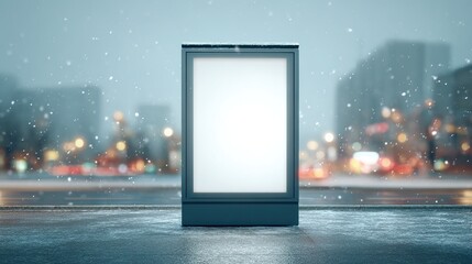 Blank illuminated vertical billboard on a wet urban street during a snowy winter night