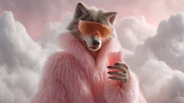 Fashionable wolf in a plush pink coat and sunglasses sips a cocktail in an ethereal sky