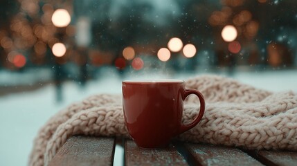 Cozy red mug with steaming hot drink and warm knitted blanket on a snowy winter day with bokeh lights