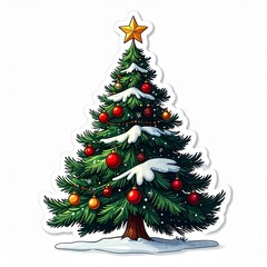 Decorated Christmas tree covered in snow and topped with a golden star.