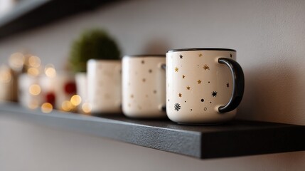 Close up of cozy ceramic mugs with star patterns on a dark wooden shelf with blurred festive lights