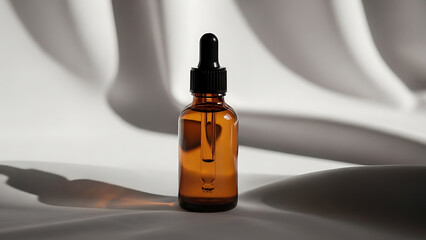 "luxury essential oil bottle mockup, amber glass with dropper, placed on a soft cloth background with minimal lighting to create a serene, calming effect--v 6.1 --ar 16:9 --q 2"