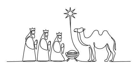 Continuous line drawing of three wise men and a camel at the nativity scene Vector, illustration