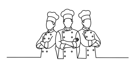 A line drawing illustrating a team of three chefs standing side by side with their arms crossed Vector, illustration