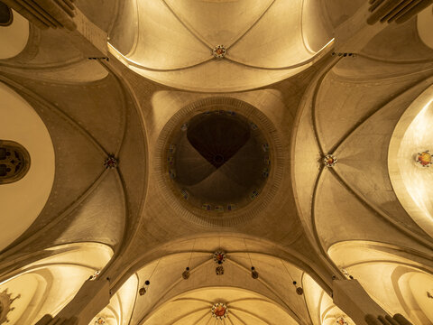 San Cristobal de La Laguna, Spain - 17 December 2016: View of the ornate ceiling of Iglesia de la Concepci&oacute;n, its ribbed vaults converging towards a central oculus, bathed in warm, ambient light.