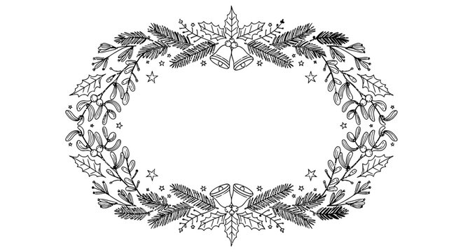 Decorative line art holiday wreath frame featuring seasonal greenery and jingle bells