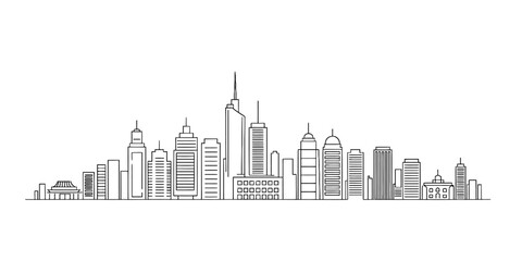 Minimalist line art illustration of a modern city skyline against a white background Vector, illustration © Creative_Outline2019